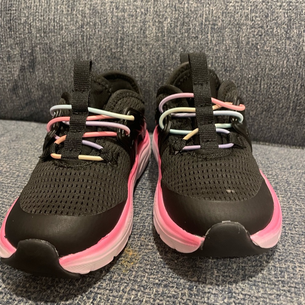 Kids Black Sneakers with Pastel Accent Laces and Pink Trim